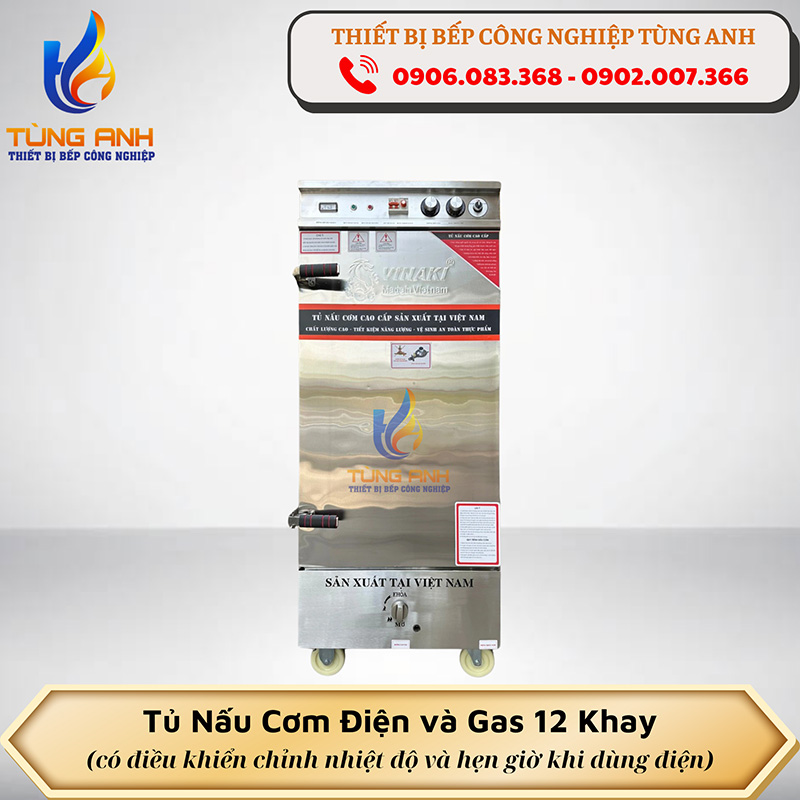 Tủ nấu cơm 12 khay dùng điện & gas (48kg/mẻ)