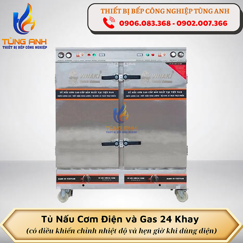 Tủ nấu cơm 24 khay dùng điện & gas (96kg/mẻ)