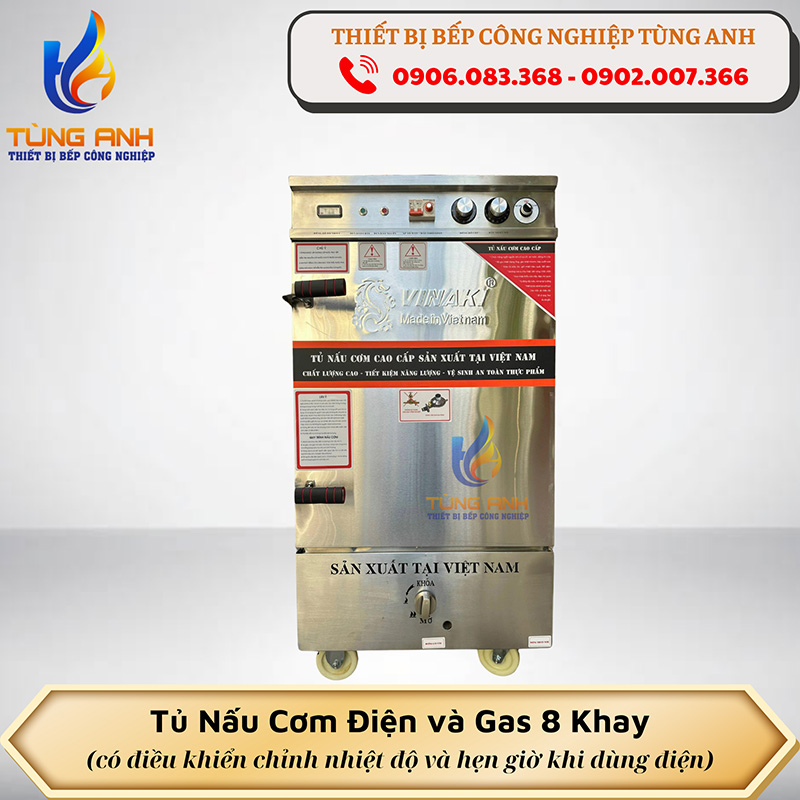 Tủ nấu cơm 8 khay dùng điện & gas (32kg/mẻ)
