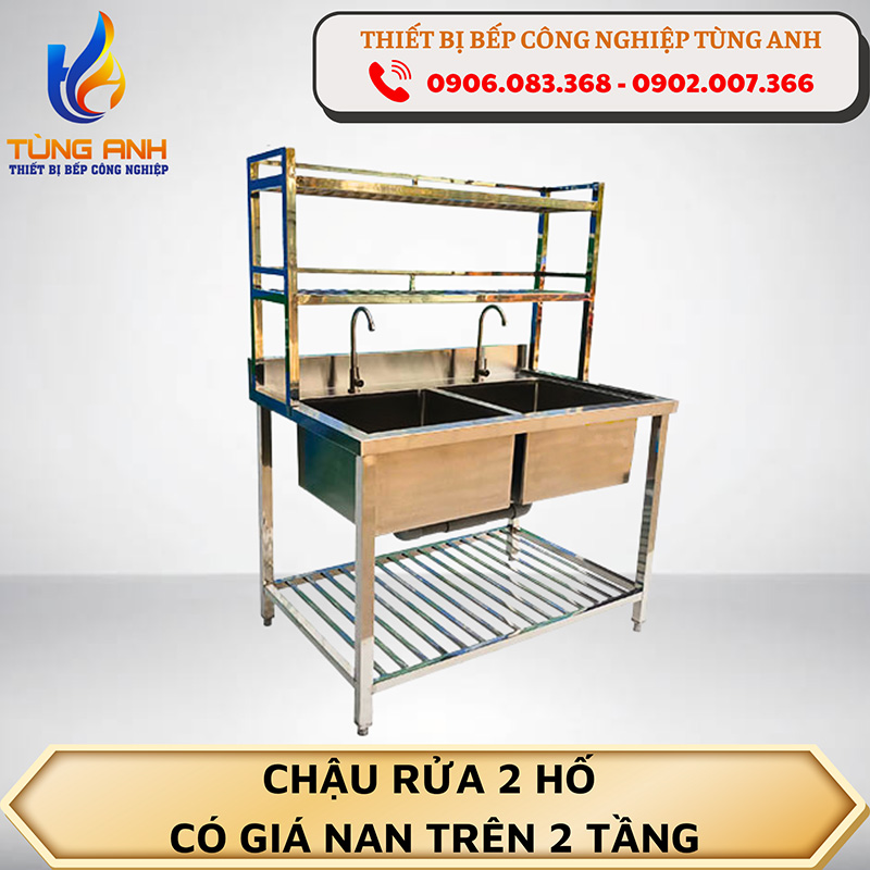 Chậu rửa 2 hố có giá nan trên 2 tầng
