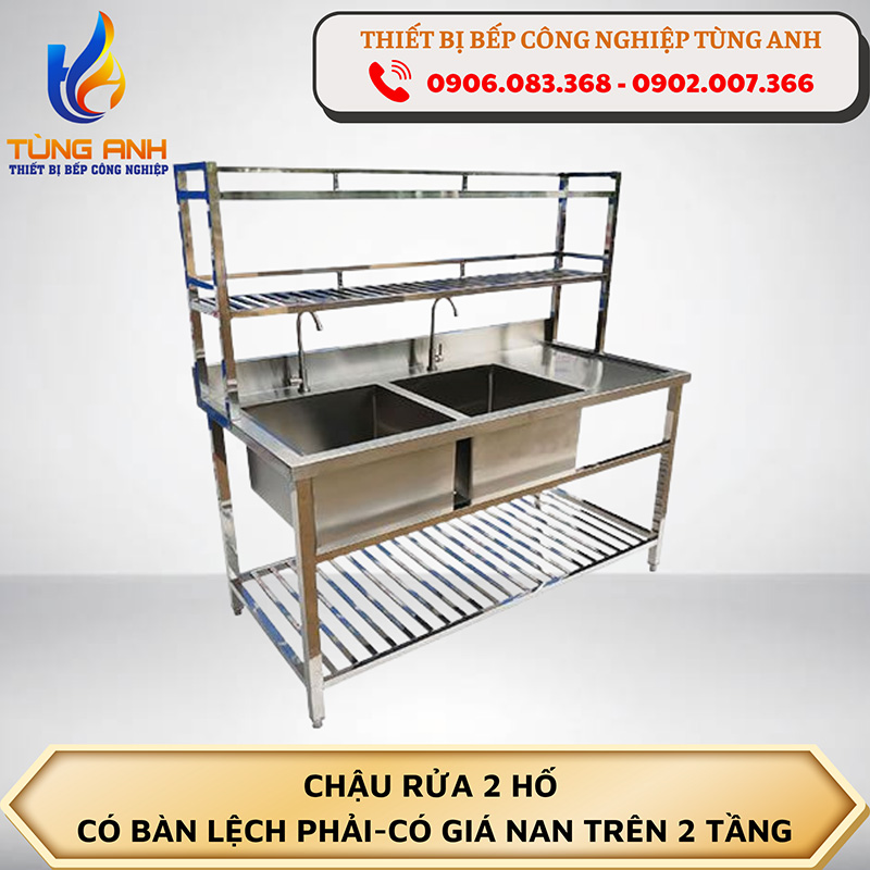 Chậu rửa 2 hố có bàn lệch phải có giá nan trên 2 tầng