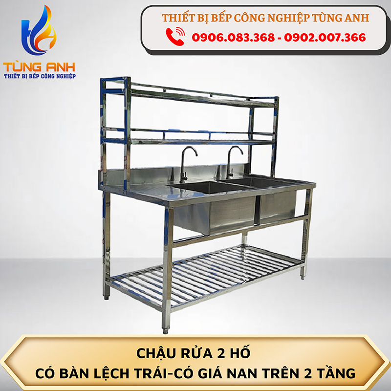 Chậu rửa 2 hố có bàn lệch trái có giá nan trên 2 tầng