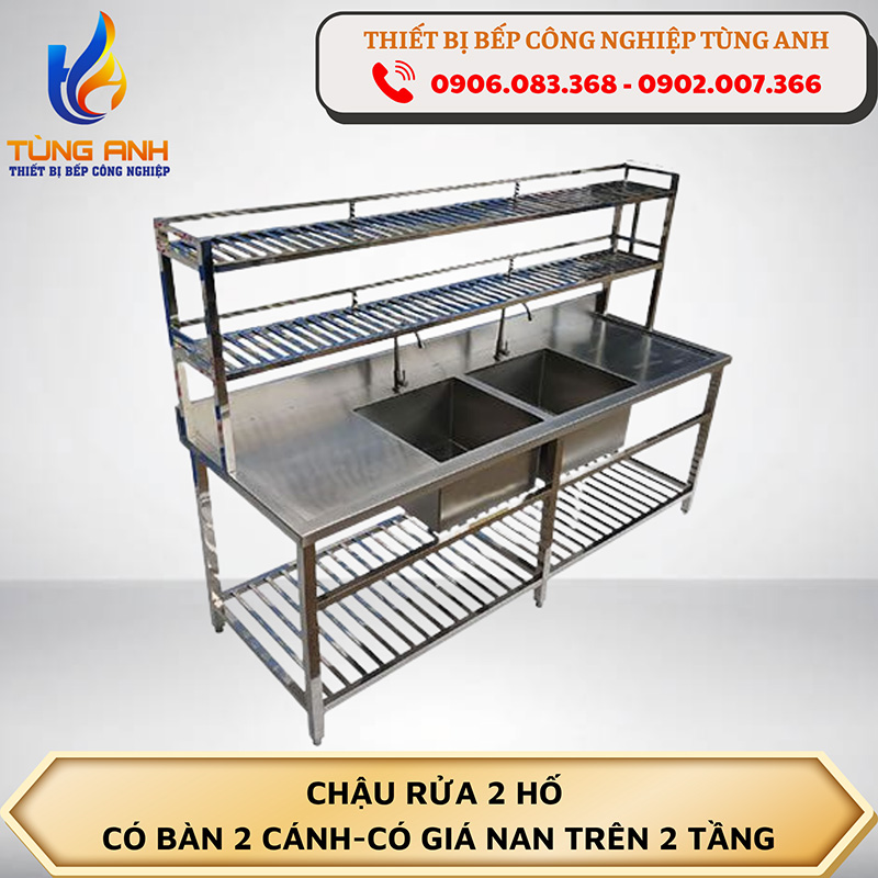 Chậu rửa 2 hố có bàn 2 cánh có giá nan trên 2 tầng