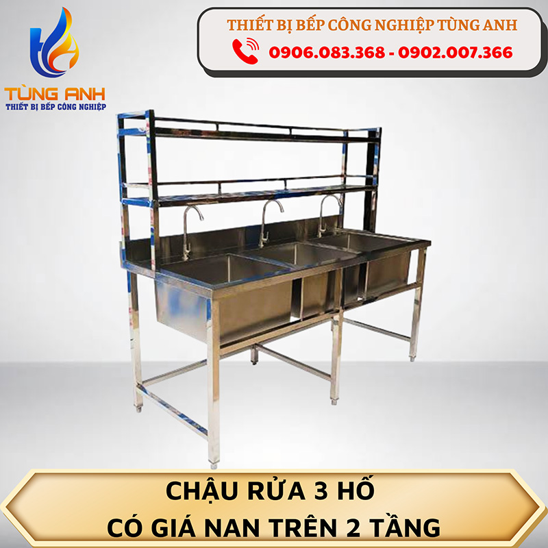 Chậu rửa 3 hố có giá nan trên 2 tầng