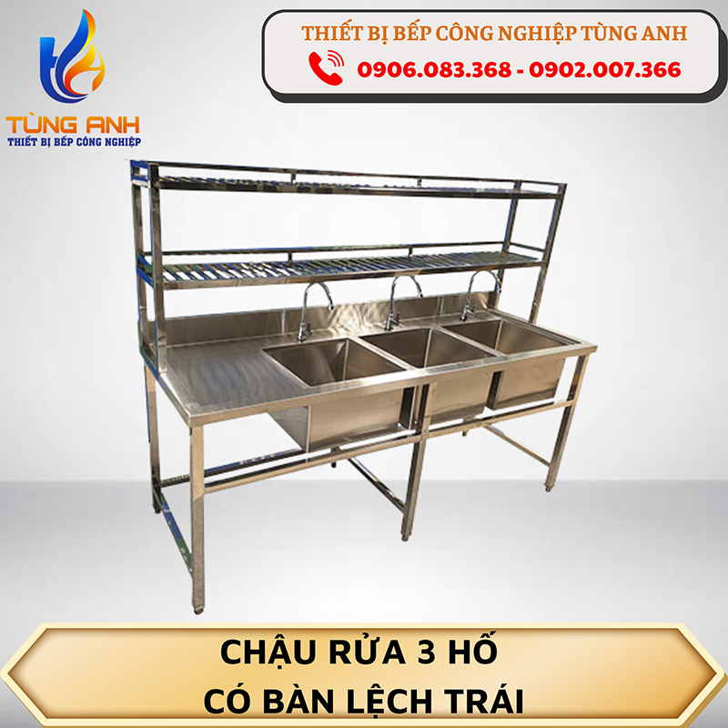 Chậu rửa 3 hố có bàn lệch trái có giá nan trên 2 tầng