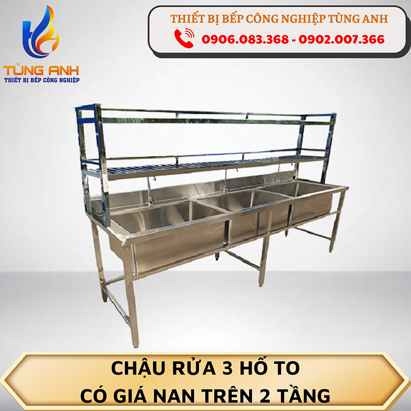 Chậu rửa 3 hố to có giá nan trên 2 tầng